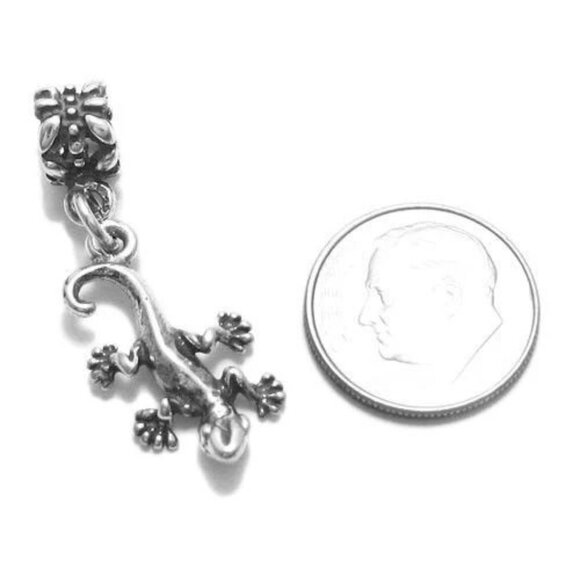 GECKO LIZARD EURO BEAD CHARM IN 3D STERLING SILVER. - Picture 2 of 2